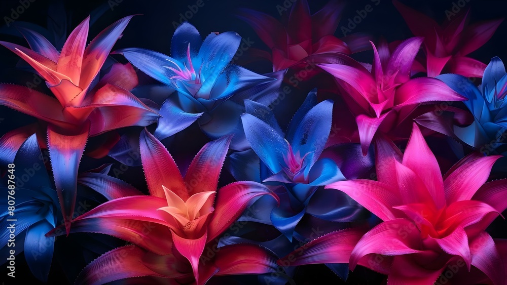 Fototapeta premium Colorful digital artwork showcasing a unique collection of bromeliads against isolated backgrounds. Concept Digital Art, Bromeliads, Colorful, Isolated Backgrounds, Unique Collection
