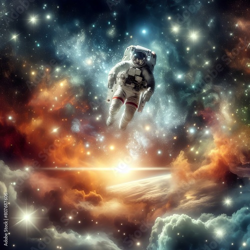 Astronaut floating weightlessly in space  surrounded by shimmering stardust and cosmic clouds. In the foreground  the astronaut is depicted in a spacesuit  Celestial Dreamer.