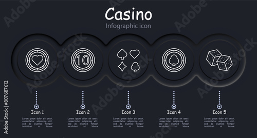 Casino set icon. Coin, chip, bet, card suits, dice, spades, infographic, hearts, crosses, dibs, 777, cards, win, stake, risks, excitement, ardor, passion, doubling, bar, shuffling. Gambling concept.