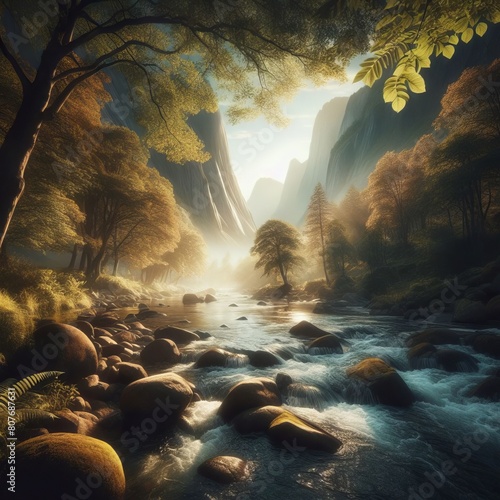 A serene morning through a sunlit forest river  reflecting nature s tranquil beauty