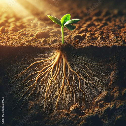 Radiant Sunlight Nourishing a Young Plant Sprouting from Soil with Intricate Root System photo