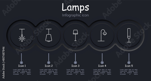 Icon set lamps. Lamps, fixtures, lighting, light, chandelier, lantern, light bulb, illumination, concept, variety, tube, illuminator, glow, luster, infographic. Choice concept.