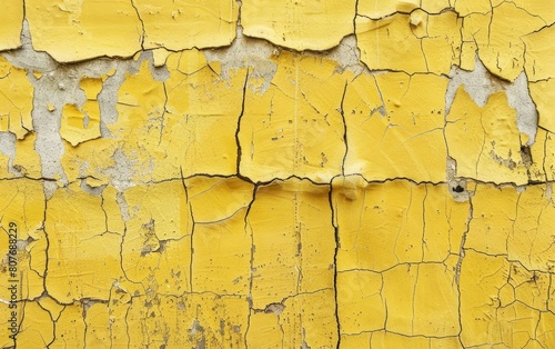 A vivid yellow paint layer cracks and peels, offering an abstract mosaic of color and texture. The image captures the intriguing effects of weathering on surfaces.