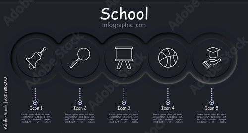 School set icon. School bell, blackboard, student cap, learning, school items, basketball, magnifying glass, loupe, desk, infographic, neomorphism, grades, school supplies. Education concept.