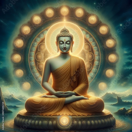 Meditative portrayal of Buddha  radiating inner peace and enlightenment.