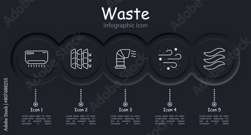 Waste set icon. Air conditioner, air freshener, harmful fumes, air, wind, dust, air filtration, blower pipe, fan, infographic, circulation. Atmosphere concept.