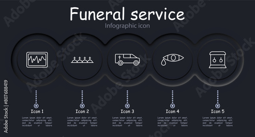 Seth Icon Funeral Home. infographic, cross, religion, Christianity, coffin, funeral, memorial, neomorphism, sermon, hearse, mourners, graves, funeral service, letter, envelope. Burial concept. photo