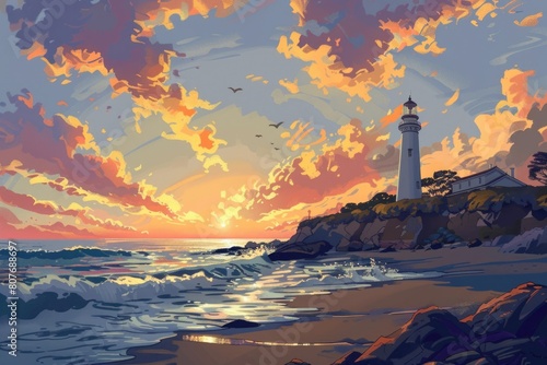 A picturesque painting of a lighthouse on a rocky beach. Suitable for travel and coastal themes