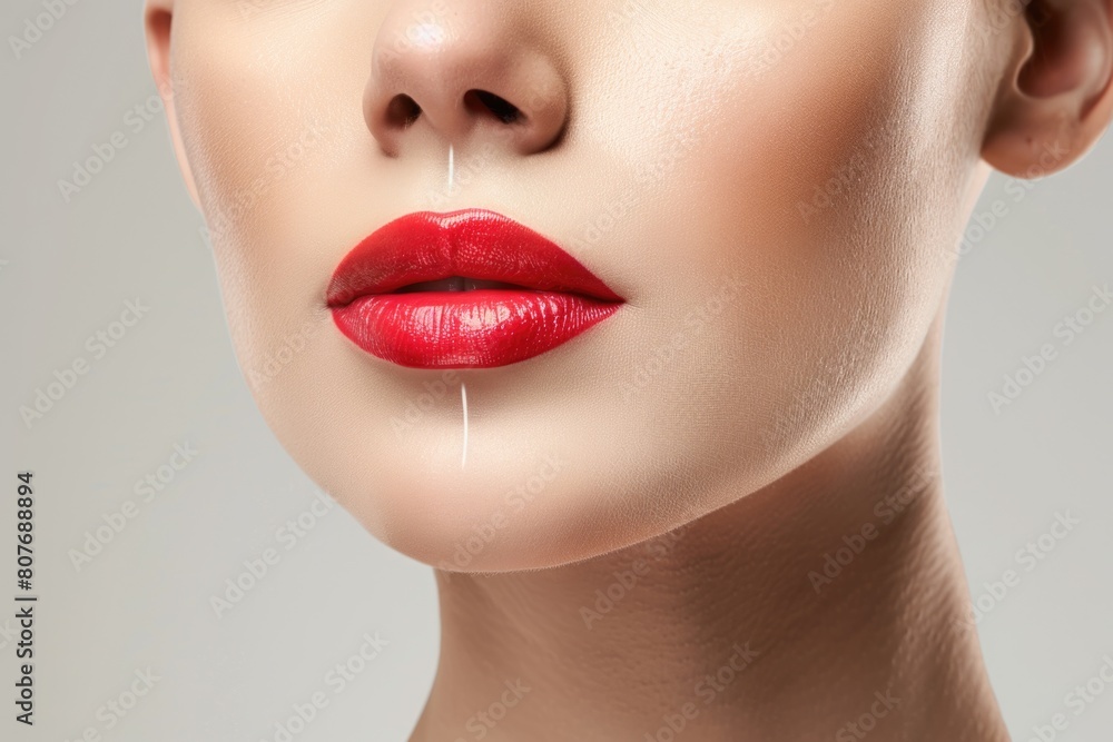 A detailed close-up of a woman's face with vibrant red lipstick. Ideal for beauty and fashion concepts A detailed close-up of a woman's face with vibrant red lipstick. Ideal for beauty and fashion concepts