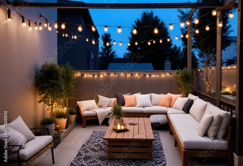 View over a cozy outdoor terrace with outdoor string lights. Autumn evening on the roof terrace of a beautiful house with lanterns, digital AI art