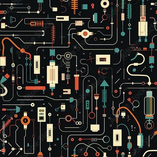 Part futuristic part retro pattern with various electrical components, seamless pattern, ideal for web design and as a background. Created with AI.