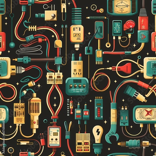 Part futuristic part retro pattern with various electrical components, seamless pattern, ideal for web design and as a background. Created with AI.