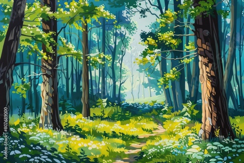 A serene painting of a path through a forest. Ideal for nature lovers and home decor