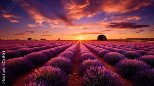 Lavender field, expansive purple, vibrant green, against a golden sky