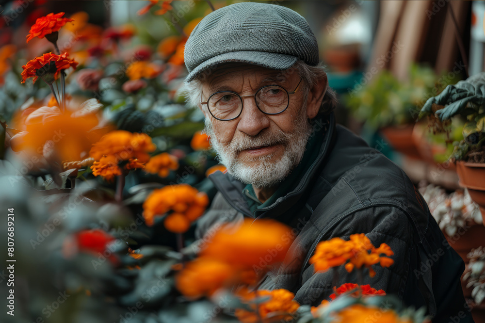 Elderly gardener attentively pruning bushes in a vibrant garden full of various plants and flowers.. AI generated.