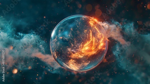  A dramatic scene of a fiery bubble poised to erupt on the surface of the globe, symbolizing the urgent need for action to address the escalating threats of climate change and environment. photo
