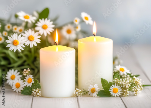 Two white burning candles among wildflowers on a light background on a wooden surface