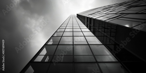A black and white photo of a tall building. Suitable for architectural design projects