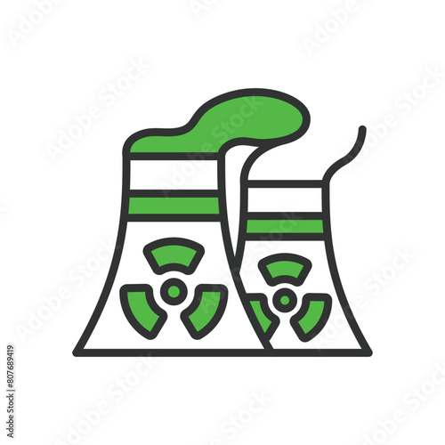 Nuclear plant, in line design, green. Nuclear plant, nuclear, plant, power, energy, reactor, electricity on white background vector. Nuclear plant editable stroke icon.