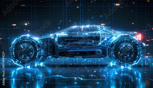 Digital blueprint of a hitech, unique, futuristic monster truck vehicle, lines and shapes glowing in blue and white against a dark grid background photo