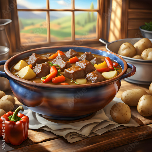 A hearty bowl of beef stew, brimming with chunks of tender meat and hearty vegetables.