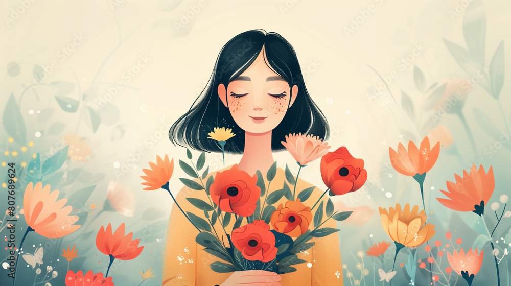 Illustration of a woman with flowers in her hand Illustration of a woman with flowers in her hand