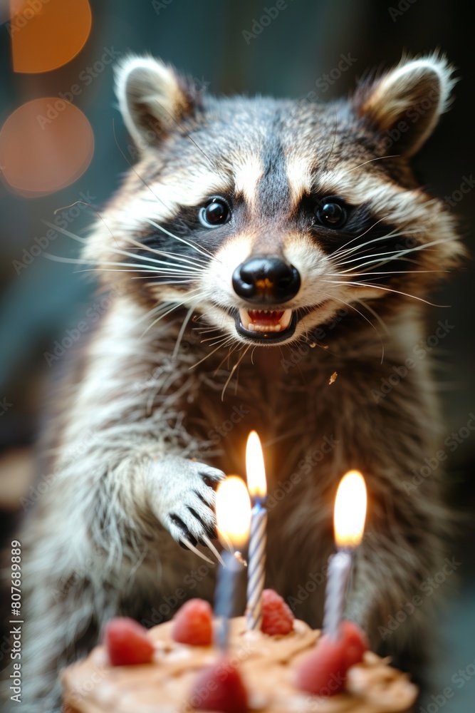 Obraz premium Cute raccoon celebrating birthday with colorful cake on smiling, happy, funny day, holiday concept, vertical background