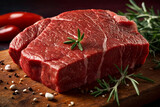 Tasty raw veal or beef meat on red cutting board. Fresh meat is ready to prepare delicious meal. Raw pork steak for banner or website format. Copy space site