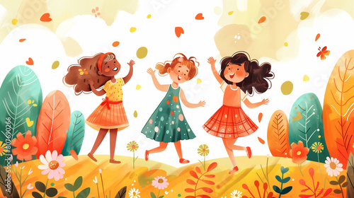 Illustration of girls having fun playing in the park.