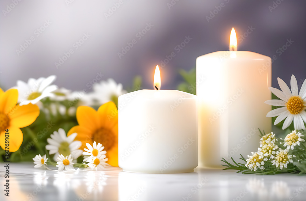 Two white burning candles among wildflowers on a light background