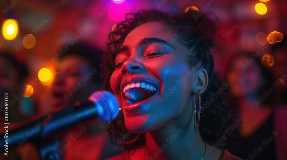 Diverse Youth Singing and Smiling with Joy in a Vibrant Club Atmosphere.