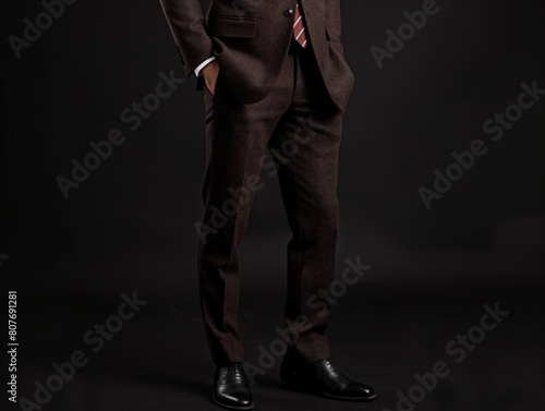 Close-up view of a man's lower half in a brown suit and black shoes on a dark background. © cherezoff