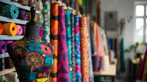 A fashion designers studio  with vibrant fabric rolls as the background  during a creative design session