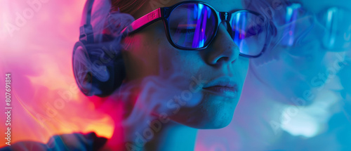Vibrant portrait of a young person wearing futuristic shades and headphones, immersed in music.