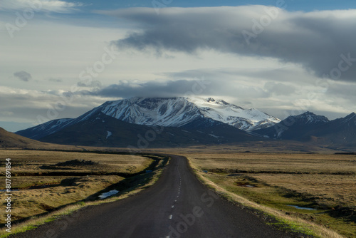 Scenic road towards the Snaefell mountain in the highlands of east Iceland