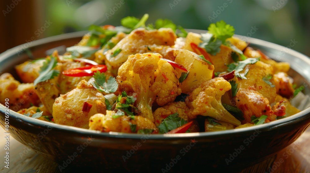 A bowl of vibrant Indian food, Aloo Gobi, sitting on a rustic table A bowl of vibrant Indian food, Aloo Gobi, sitting on a rustic table