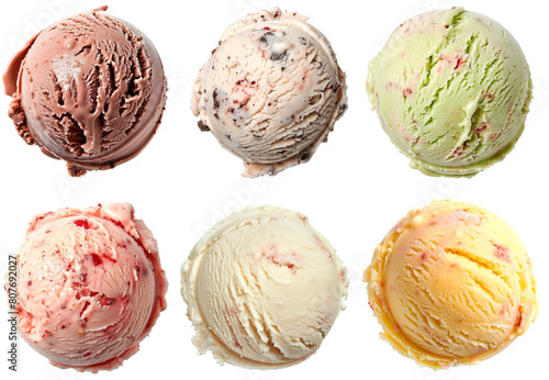 Set of ice cream scoops in different flavours and colours, top view, chocolate, cookies, green apple, strawberry, vanilla and mango, isolated on a white background
