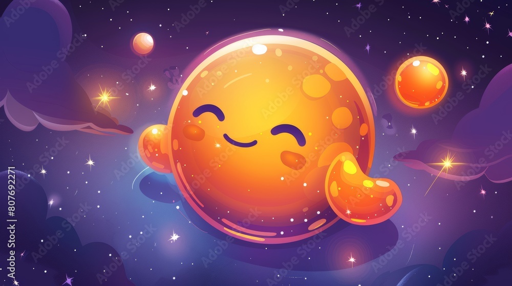 A fantasy space planet for a galaxy game interface. Modern cartoon icon of a magic dumpling alien world, fantastic cosmic object with orange bubbles. Illustration of an unusual astronomical object. A fantasy space planet for a galaxy game interface. Modern cartoon icon of a magic dumpling alien world, fantastic cosmic object with orange bubbles. Illustration of an unusual astronomical object.