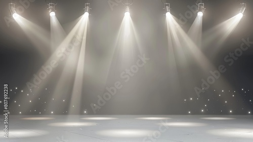 Grey gradient background with spotlight illumination, stage backdrop for products presentation, wallpaper with glowing beams falling on floor.