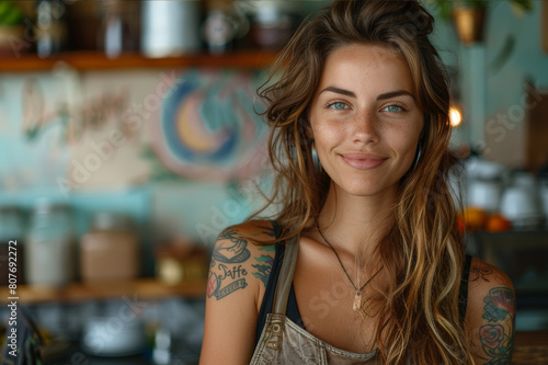 Female coffee shop owner with tattoos, posing in her hip urban cafe, colorful graffiti on the walls.. AI generated. Free Download Female coffee shop owner with tattoos, posing in her hip urban cafe, colorful graffiti on the walls.. AI generated. - GFXLoad