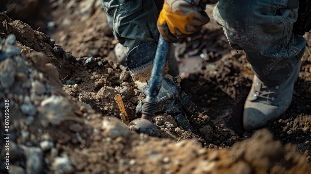 A person digging a hole in the ground, suitable for construction projects A person digging a hole in the ground, suitable for construction projects