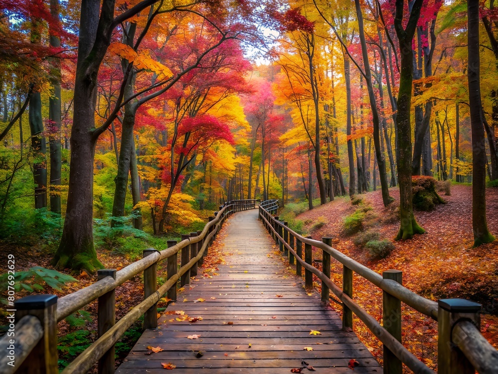 Wooden Pathway with Colorful Trees in Autumn Wooden Pathway with Colorful Trees in Autumn