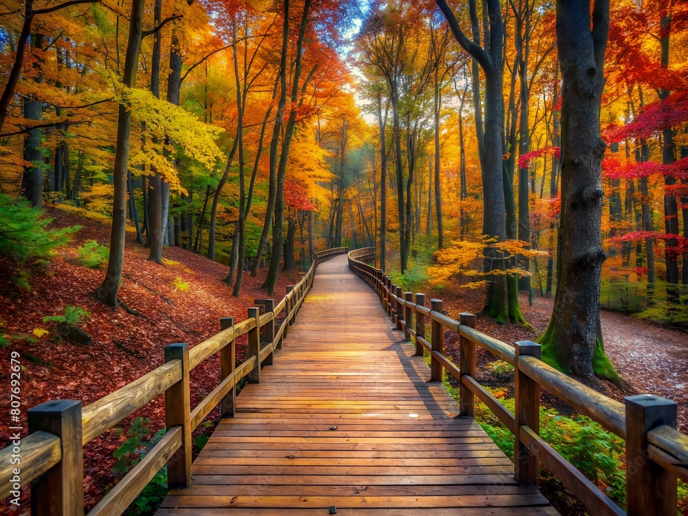 Wooden Pathway with Colorful Trees in Autumn Wooden Pathway with Colorful Trees in Autumn