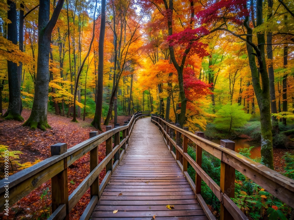 Wooden Pathway with Colorful Trees in Autumn