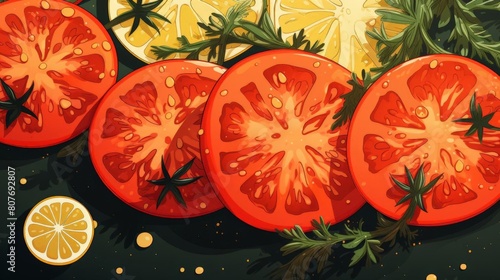 a vibrant illustration of sliced tomatoes and lemons on a dark background. The bright colors of the fruits contrast beautifully against the dark backdrop