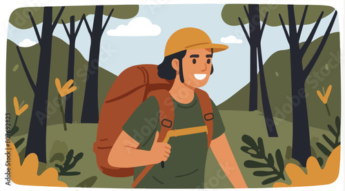 Vector Illustration - Lone Adventurer Enjoying Solitude Amidst Journey Through the Forest. EPS 10.