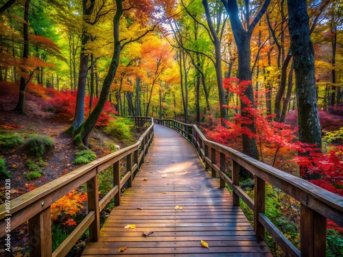 Wooden Pathway with Colorful Trees in Autumn © Phary