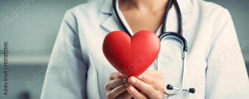 A female doctor in a white coat is holding a red heart in her hands. photo