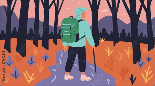 Vector Illustration - Lone Adventurer Enjoying Solitude Amidst Journey Through the Forest. EPS 10.