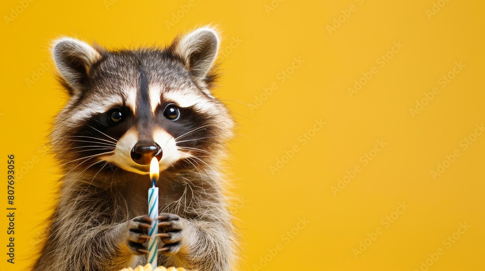 Adorable raccoon smiling and celebrating birthday with cake on vibrant, yellow  background, wild animal, holiday concept, banner, copy space